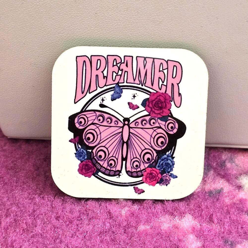 Dreamer Butterfly Flowers Pink Handmade Square Refrigerator Magnet